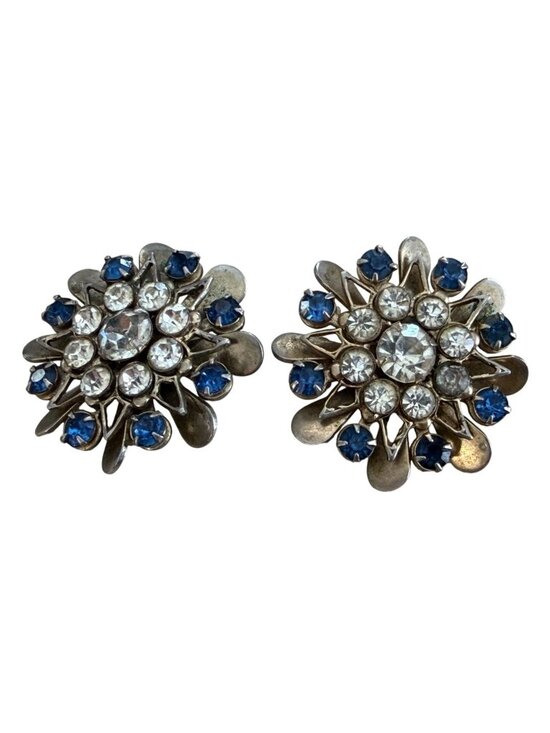 Unbranded Jewelry - Vintage Set 2 Flower Blue Clear Rhinestones Brooches Silver Tone Matching 1.25"